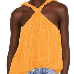 Frame Women's Orange Draped Textured Silk Sleeveless Halter Top Size S